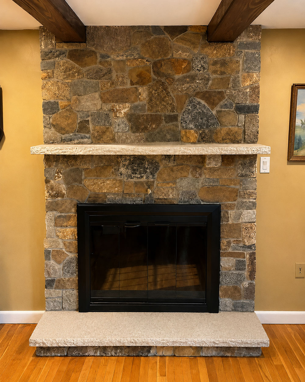 Raynham MA fireplace after stone veneer installation