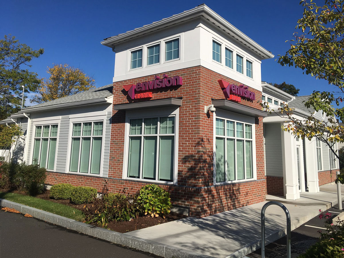 Completed Envision Bank exterior with commercial clay brick veneer in Stoughton, MA