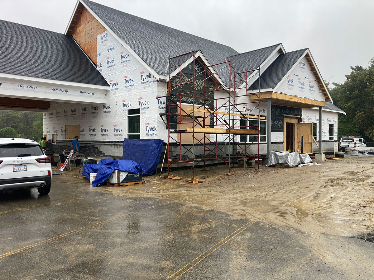 Scaffolding outside Taunton Federal Credit Union during commercial stone veneer installation