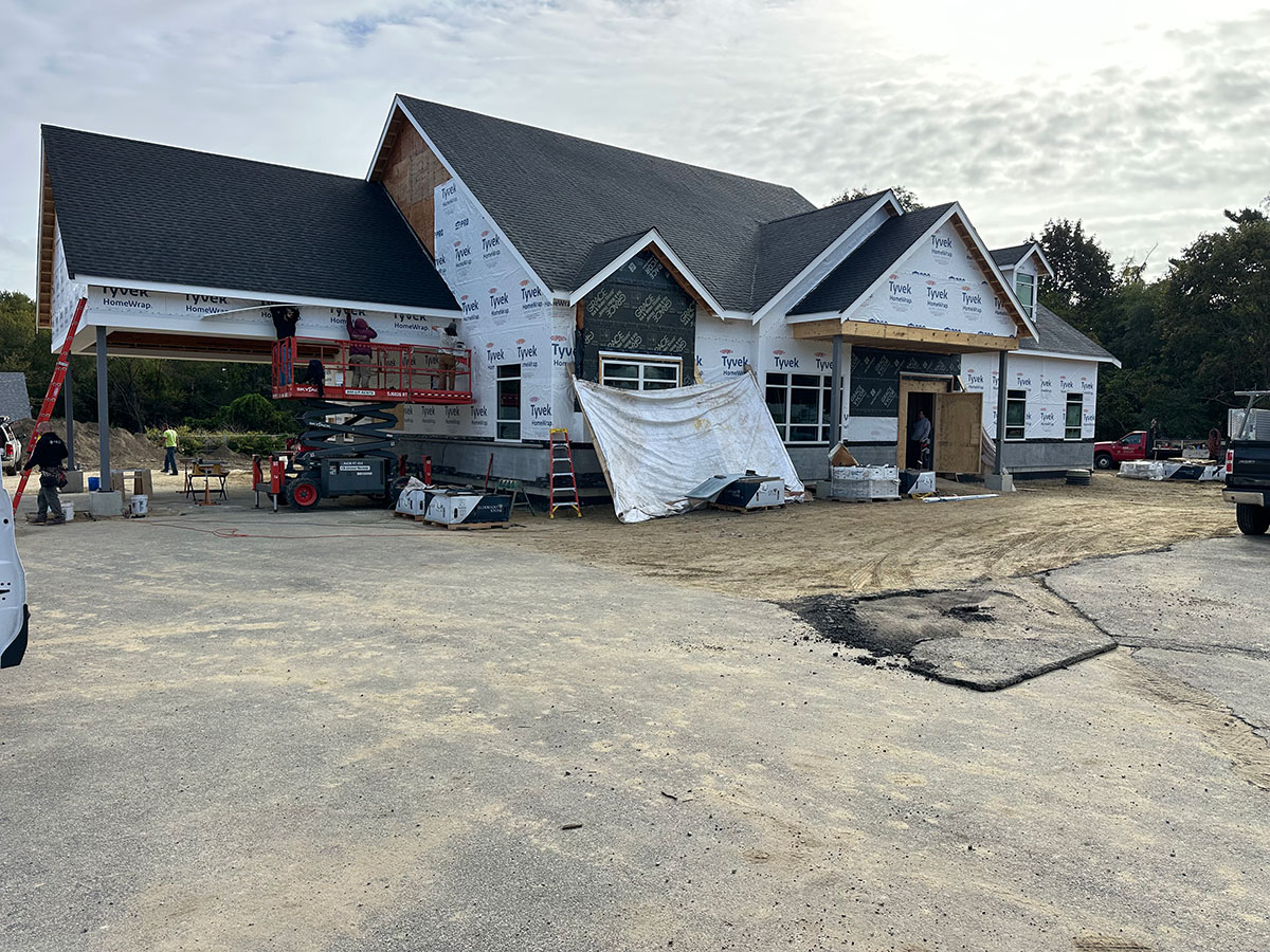 Front of Taunton Federal Credit Union under construction before manufactured stone veneer installation in Wareham, MA