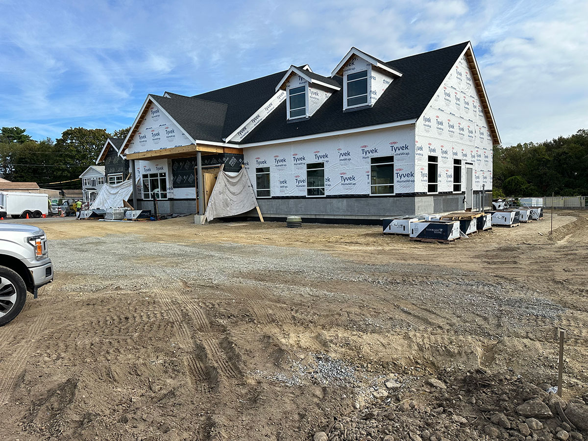 Side exterior of Taunton Federal Credit Union prepared for manufactured stone veneer in Wareham, MA